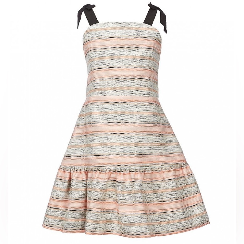 GB GIRLS PINK/GREY TIE SHOULDER STRIPED WOVEN DROP WAIST DRESS size 14